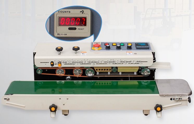 Sealer de banda continua de alta velocidad FR900C - Máquina de sellado de bolsas de plástico con contador, sellador térmico de envases de alimentos